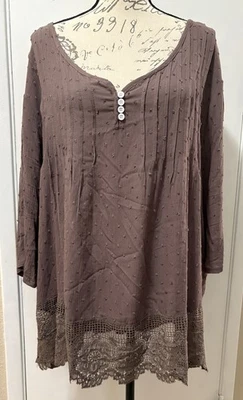 Blusa para mujer Sweetheart escote manga 3/4 marrón plisada encaje texturizado 2XL Foto 1 de 4