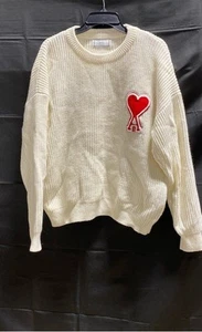 Ami Women Ivory Solid Cotton Pullover Sweater Knit Crewneck Large Logo LH - Picture 1 of 8