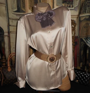 Large Satin Blouse Champaign Beige Blush and Silk Bow Tie - Picture 1 of 8