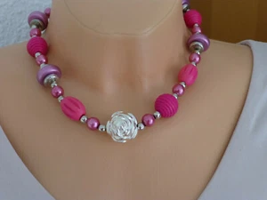 Halskette Collier Statementkette  Acryl Glas Holz Pink Silber UNIKAT - Bild 1 von 6
