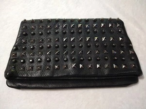 RomyGold Black Silver Studded Leather Clutch Bag Purse  - Picture 1 of 13