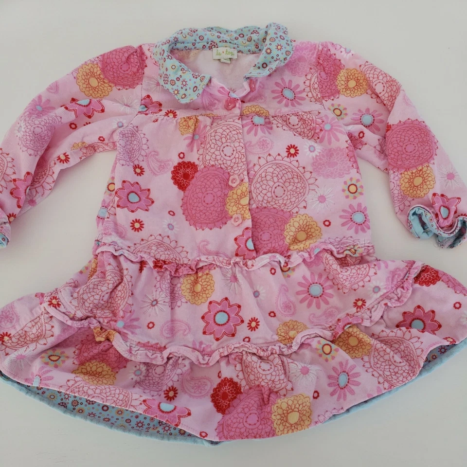 Vestido de pana Le Top bebé niña manga larga bebé muñeca rosa flores talla 2T Foto 1 de 4