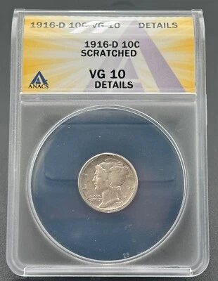 1916 D 10C Mercury Dime, ANACS VG 10 - Image 1 of 4