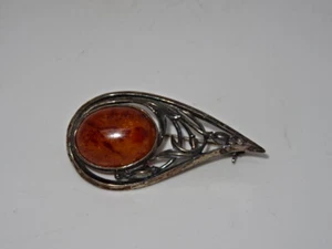 Vintage Attractive 925 Sterling Silver & Amber Brooch #7 - Picture 1 of 4