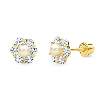 14k Yellow  Gold Flower CZ Stud Earrings White Pearl with Screw Back - Image 1 of 2