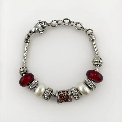 7.5” Silver Tone Cable Chain Red Glass Faux Pearl Rhinestone Bead Charm Bracelet — 第 1/4 张图片