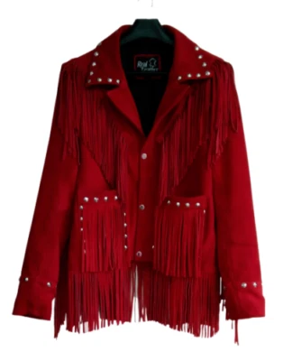 Red Suede Fringe Leather Jacket for Women Biker Size S M L XL XXL Custom Made - Image 1 of 4