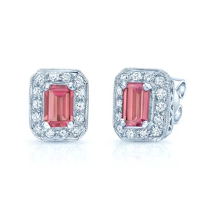 14k Oro Blanco Turmalina Rosa Diamante Tuerca Pendientes Corte Esmeralda 1.75CTW - Imagen 1 de 2