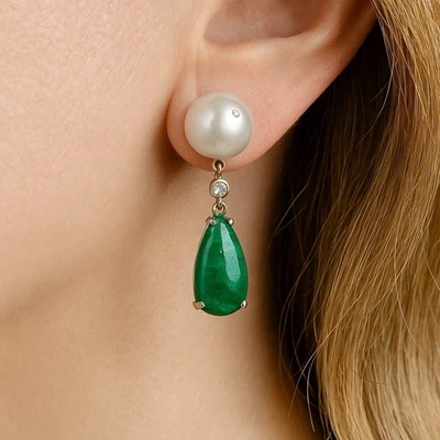 Vintage Emerald Diamond Pearl Earrings Estate Fine Jewelry Pre-Owned 14K Gold - Image 1 of 4