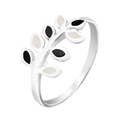 Peaceful Elegance 橄榄枝带黑色玛瑙和贝壳纯银戒指 - 8 — 第 1/4 张图片