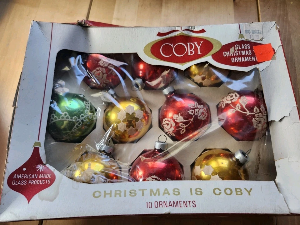 Caja Coby Vintage 10 Adornos Navideños Redondos Estampados Vidrio Mercurio, Hechos en EE. UU. Foto 1 de 4