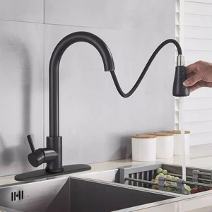 Matte Black Kitchen Sink Faucet Single Handle Swivel Pull Down Sprayer Mixer - Picture 1 of 11