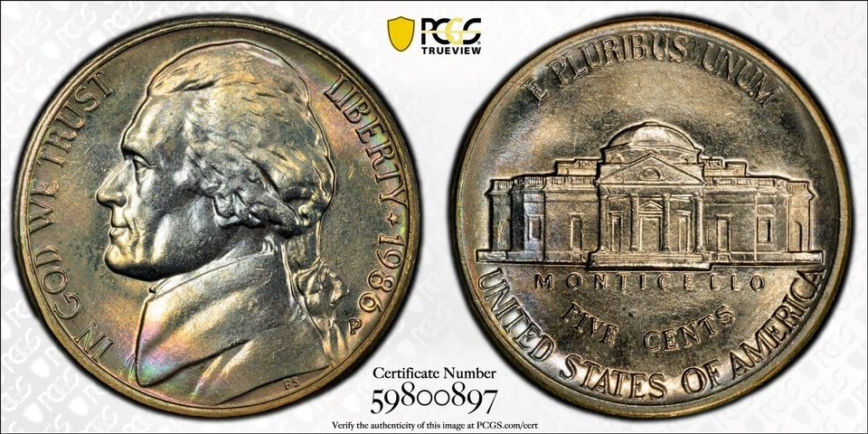 1986-P Jefferson Nickel PCGS MS65 Rainbow Toned 🌈 Toning TrueView - Image 1 of 3