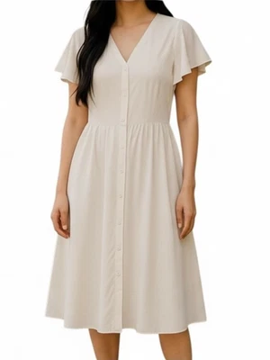 Vestido Belle Poque Para Mujer L Blanco Calce y Acampanado Manga Volantes Botón Delantero Informal Foto 1 de 4