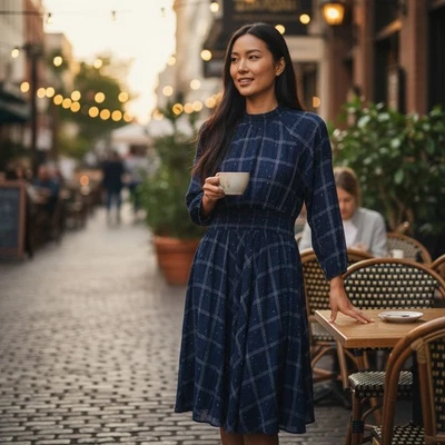 Calvin Klein Women's Size 12 Blue Striped Mock Neck Fit & Flare Dress - NEW - Image 1 of 4