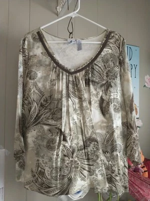  Caribbean Joe Women 2X Cotton Top~52" Bust~Floral~3/4 Sheer Sleeve~Comfy~EXC!!! - Image 1 of 4