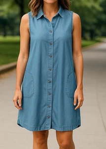 J. Jill Denim Damen M ärmelloses Tencel Hemdblusenkleid Knopfleiste Taschen blau - Bild 1 von 10
