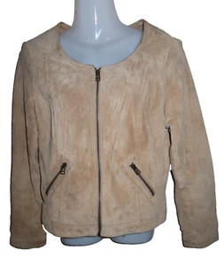 JUST JEANS Beige Long Sleeve Genuine Suede Leather Jacket Size 10 Small S - Picture 1 of 5