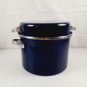 Vintage Enamel Steel Stock Pot Sauce Pan with Steamer Strainer , Heavy Large - Picture 1 of 14