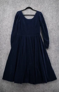 VINTAGE Laura Ashley Dress Womens 14 Blue Midi Velvet Puff Sleeve A Line Flowy - Picture 1 of 16