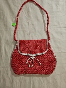 Vintage 70's Raffia Faux Straw Shoulder bag Red & White Purse Phillipines - Picture 1 of 7