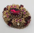 Vintage Antique W Germany Red Pink Rhinestone Faux Seed Pearl Ornate Filagree 