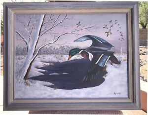 Mallards, snow,  original oil painting on canvas 18x24 framed  Brenda Bowers