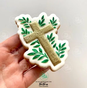 Comunione Cresima Croce Foglie Rilievo Cookie Cutter Formine Biscotti 8,5x6cm - Picture 1 of 1