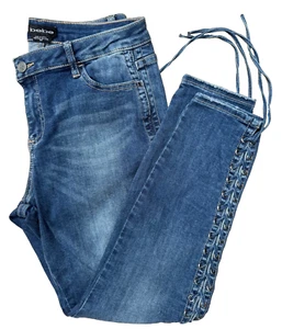 bebe Women's Side String Laced Through Gromets Tapered Leg Dark Blue Jeans Sz 30 - Picture 1 of 9