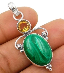 Natural Malachite Eye & Golden Citrine 925 Sterling Silver Pendant @16-2 - Bild 1 von 1