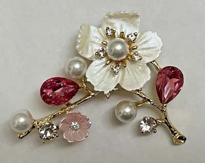 Broche prendedor de cristal flor rosa cristal estrás transparente flores blancas margarita rosa Foto 1 de 4