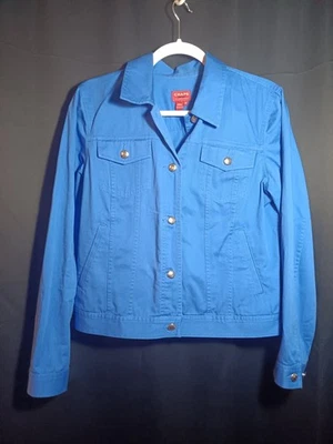 Chaps 女式 M 蓝色翻盖口袋纽扣棉牛仔卡车司机夹克  — 第 1/4 张图片