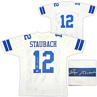 ¡OFERTA! Camiseta blanca firmada por Roger Staubach de los Dallas Cowboys Beckett Witness Foto 1 de 4