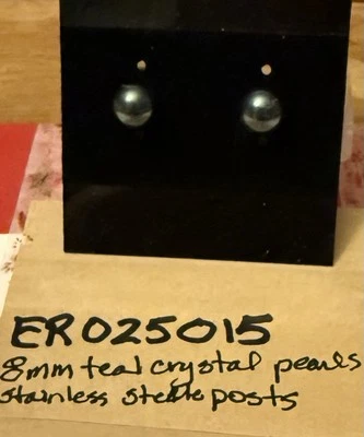 Postes hipoalergénicos de acero inoxidable/espaldos de silicona; solitario de perlas cristal verde azulado de 8 mm Foto 1 de 2