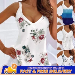 UK Women V Neck Floral Tank Tops Sleeveless Summer Holiday Casual Vest T-Shirt - Picture 1 of 20