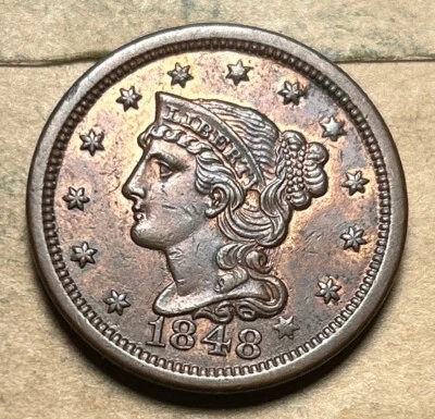 1848 Braided Hair Large Cent UNC/MS/BU **Red & Brown** - Image 1 of 2