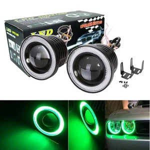2x 3" Projector Led Fog Light Lamp & COB Green Halo Angel Eyes Rings DRL Car 12V - Picture 1 of 11