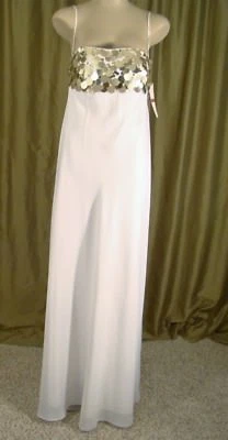 Vestido Faviana Couture Blanco Gasa Lg Dorado Lentejuelas Busto Baile de graduación Formal Talla 8 6148 Foto 1 de 4