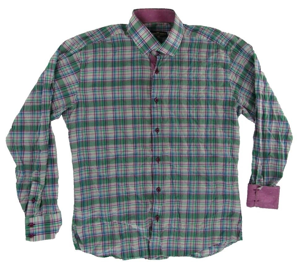 Camisa de vestir Bertigo para hombre L verde a cuadros rosa puño abatible abotonada manga larga Foto 1 de 4
