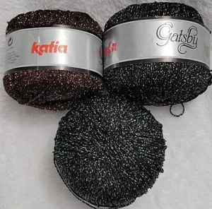 New Rare Mixed Lot 3 Balls Katia Yarn Gatsby 2-Black/Silver 1-Brown/Gold 129yds - Picture 1 of 5