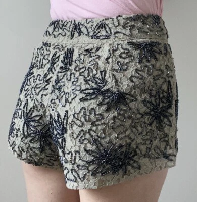 Topshop Bead Embellished Lace Hot Pants High Waist Shorts UK 6 Mushroom Grey - Image 1 of 4