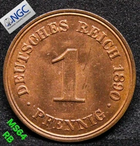 1890A GERMANY 1 PFENNIG .NGC MS 64 RB TOP POP #3 - Picture 1 of 4