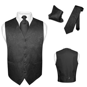 Men's Dress VEST NeckTie for Suit Tuxedo BLACK Color PAISLEY Design Tie Hanky XS - Picture 1 of 3