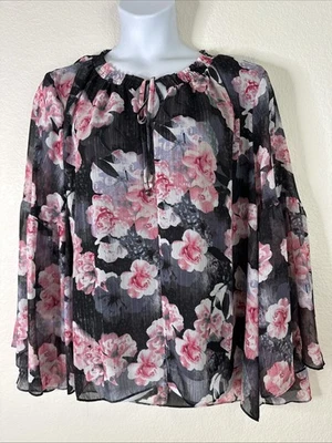 NWT Jennifer Lopez Womens Plus Size 3X Blk/Pink Floral Tie-Neck Top Long Sleeve - Image 1 of 4