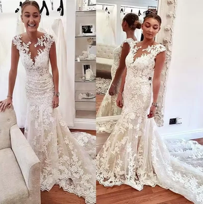 Modest Lace Appliques Slim Mermaid Wedding Dresses Natural Slim Bridal Gowns - Image 1 of 4