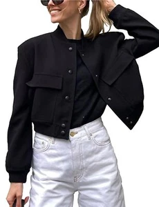 Womens Cropped Bomber Jacket Button Down Varsity Jackets Shackets with Pocket... - Picture 1 of 7