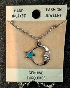 Vintage Nickle Silver Necklace Medium Star & Moon Turq. Resin Filled Size 3/4" - Picture 1 of 1