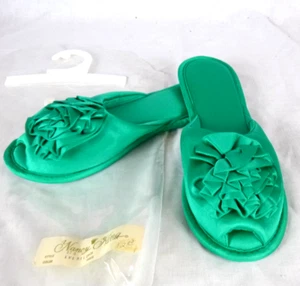 NOS Vtg Nancy King Slippers Emerald Green W/ Flower Sz L - Picture 1 of 6