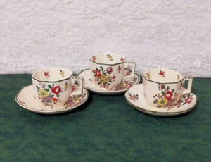 Set of 3 Royal Doulton Old Leeds Spray "DEMITASSE" Cups & Saucers; D3548R - Picture 1 of 6