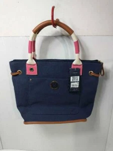 Tommy Hilfiger Womens Tote Bag Blue Brown Phone Pocket Dual Handle Zipper New - Picture 1 of 11